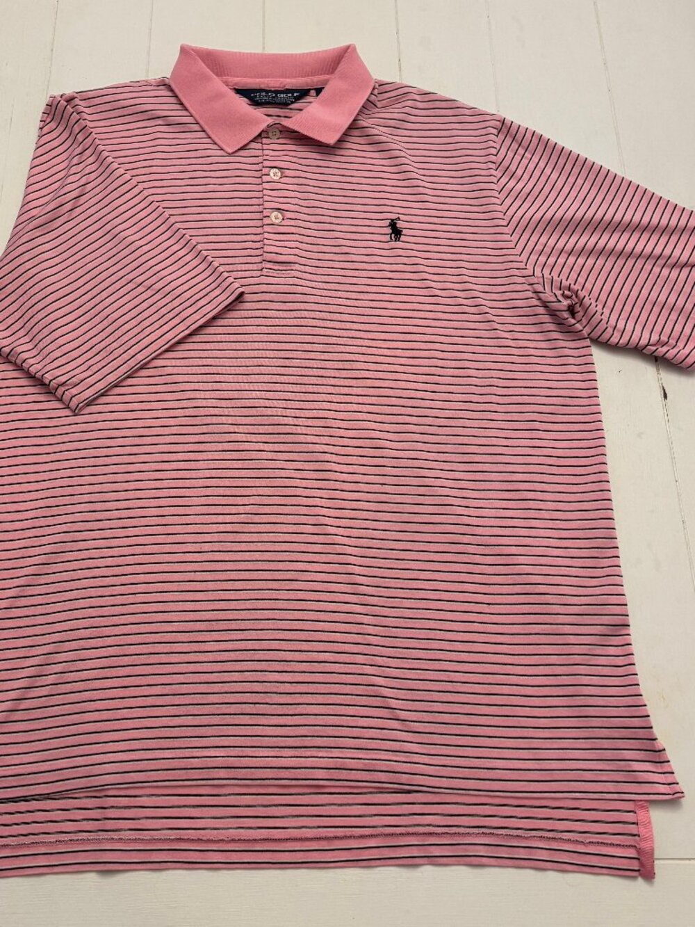 Polo Golf Ralph Lauren Mens Large Pink Navy Striped Pima Cotton Golf Polo Shirt